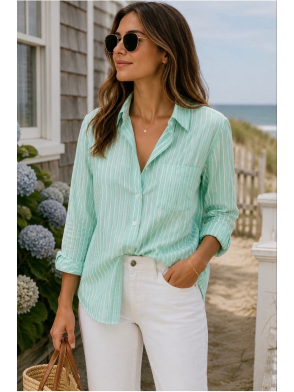 Frank & Eileen Linen Eileen Striped Button Down Shirt in Mint Green and White M